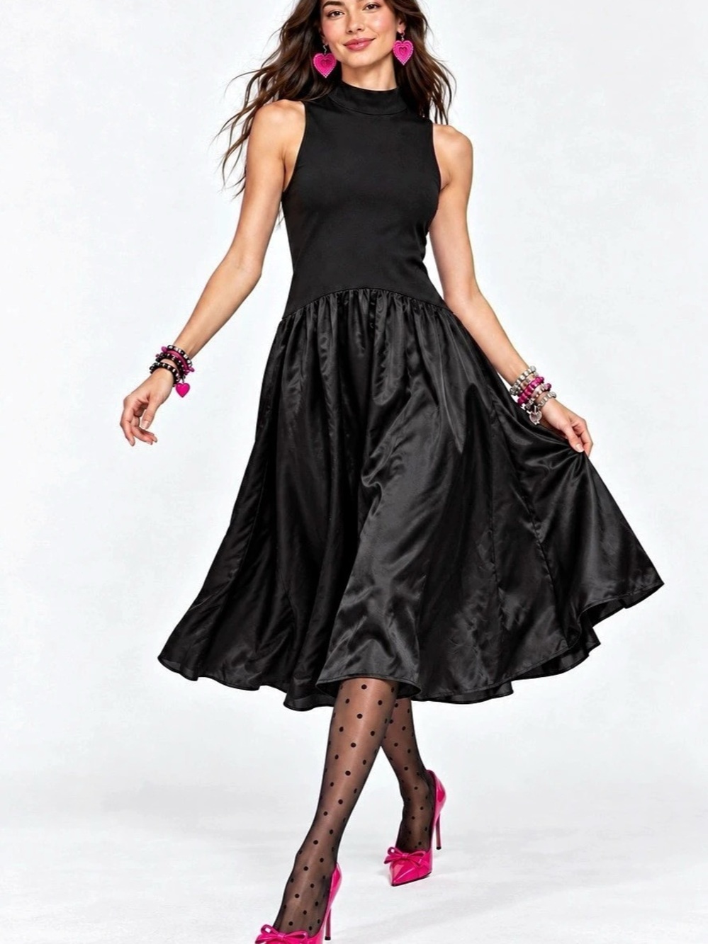 Betsey Johnson Black Mock Neck Satin Skirt Midi Dress S Like New